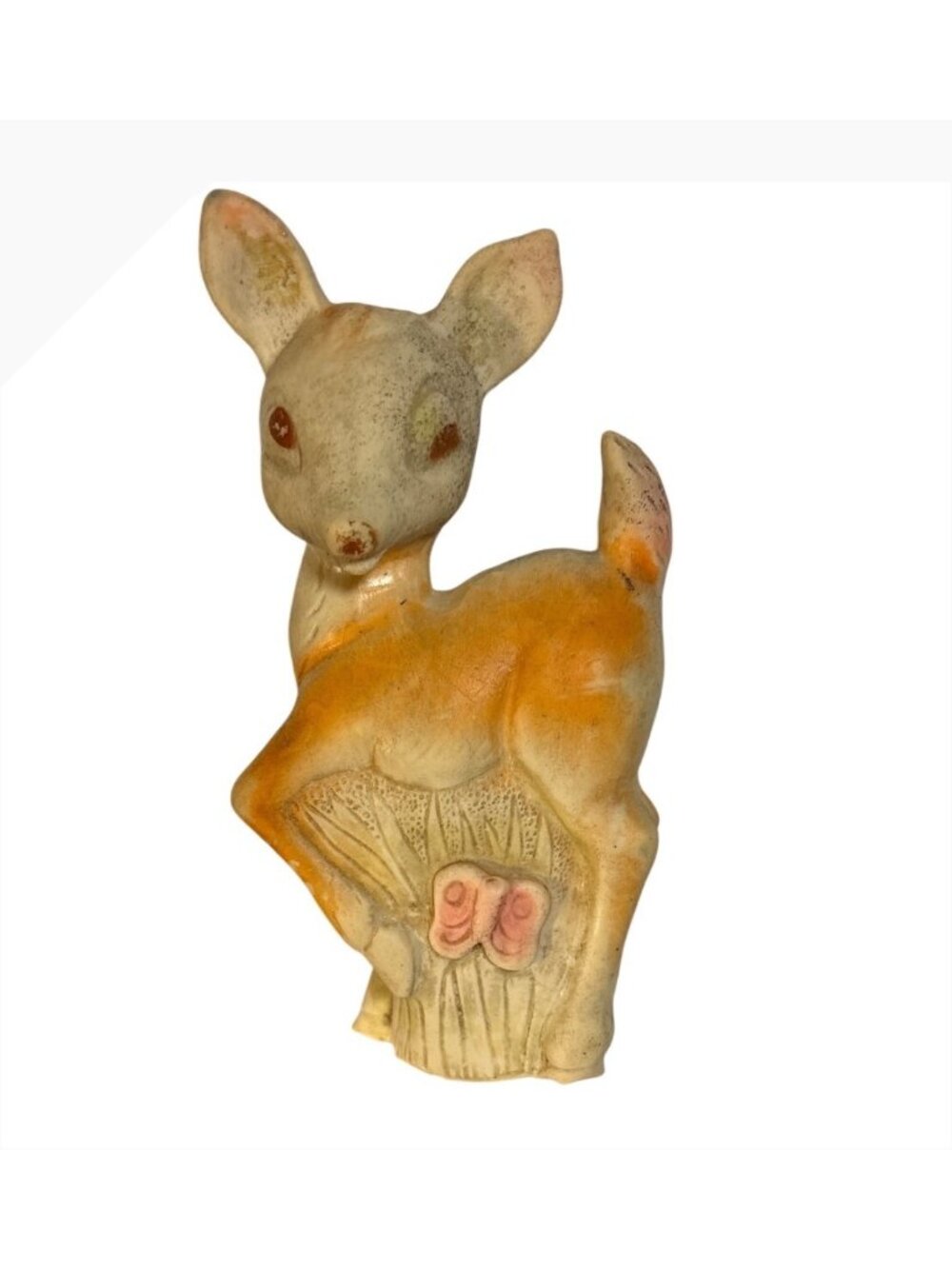 Vintage Rubber Fawn Figurine Orange Accents 5.5" Tall Discolouration Noted